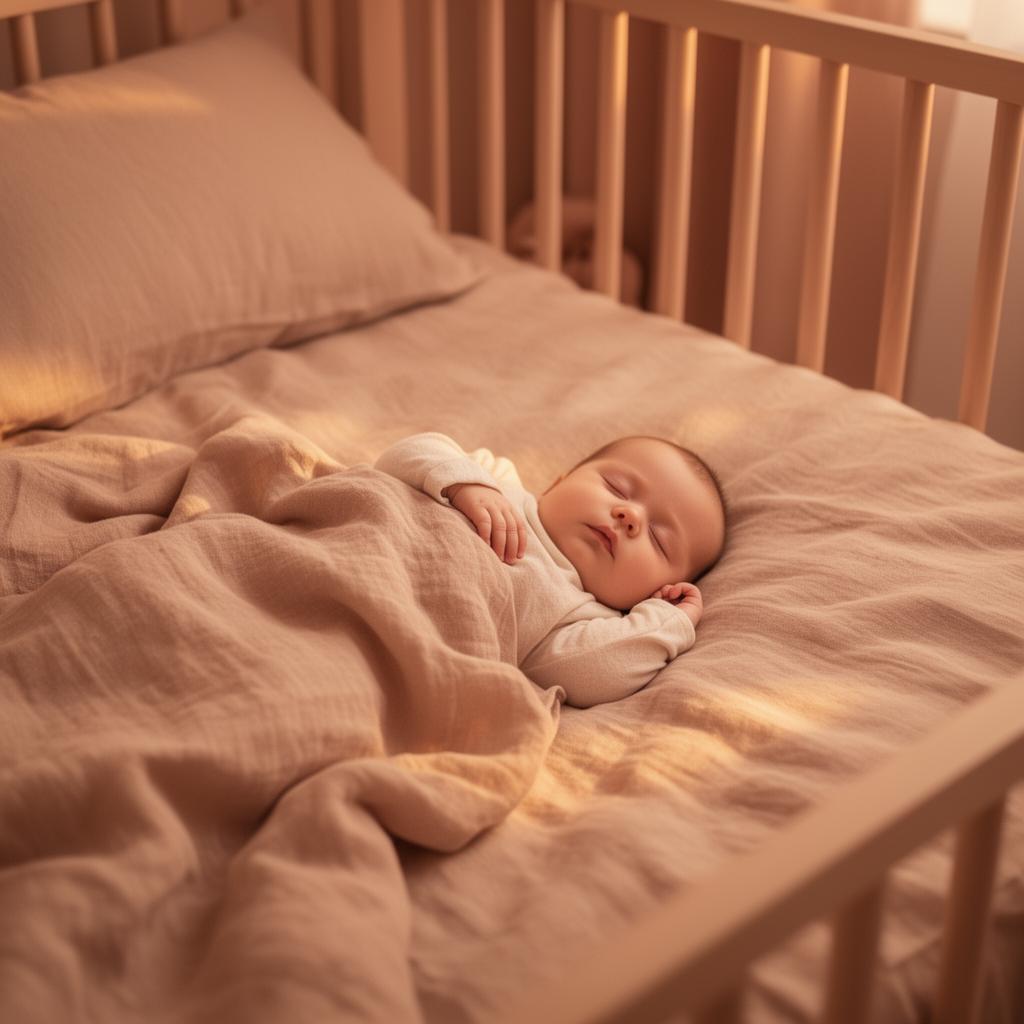 Bebê dormindo tranquilamente em cama de linho com luz suave